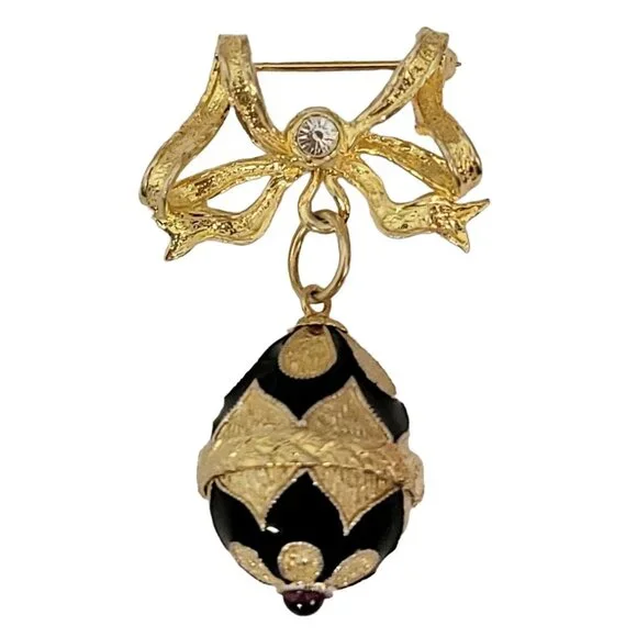 Sterling Silver Gold Vermeil Bow Bar Faberge Style Egg Charm Dangle Pin Brooch